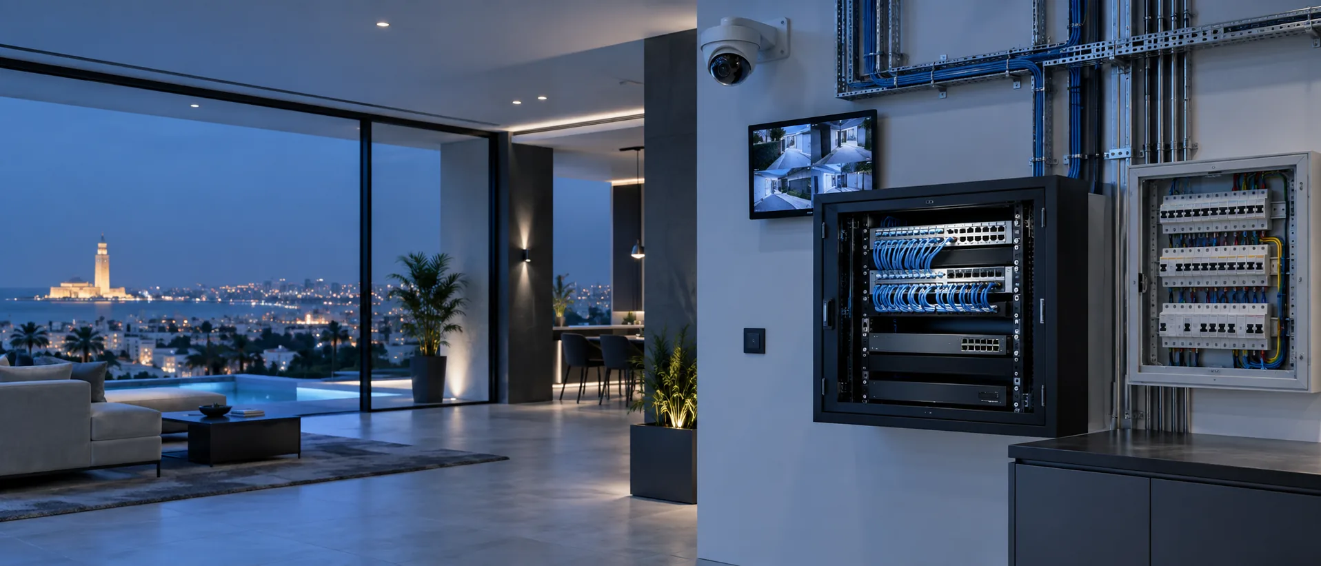 Installation technique réunissant réseaux, caméras et électricité